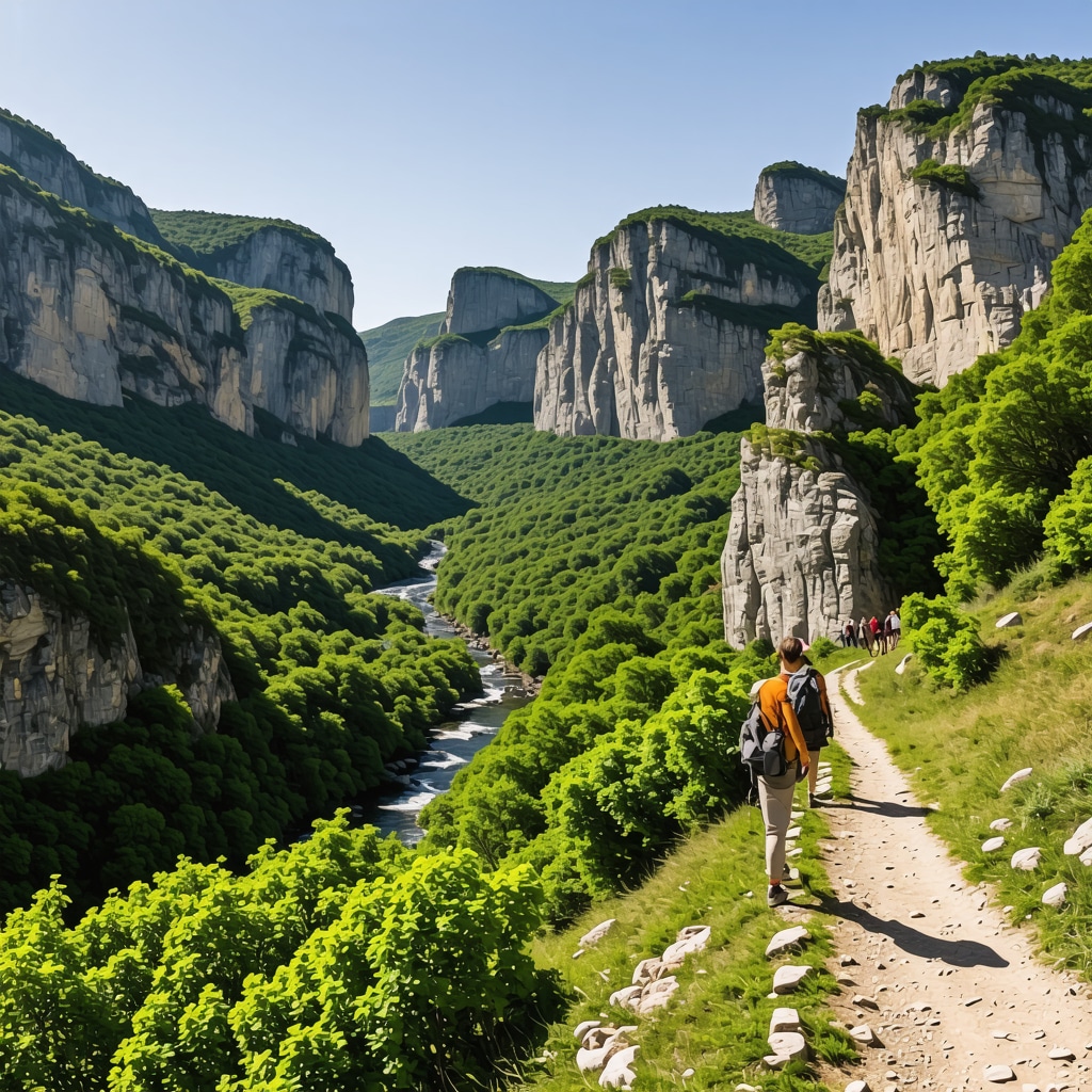 Panoramic view of Tara Canyon with river, cliffs, and hikers in Montenegro