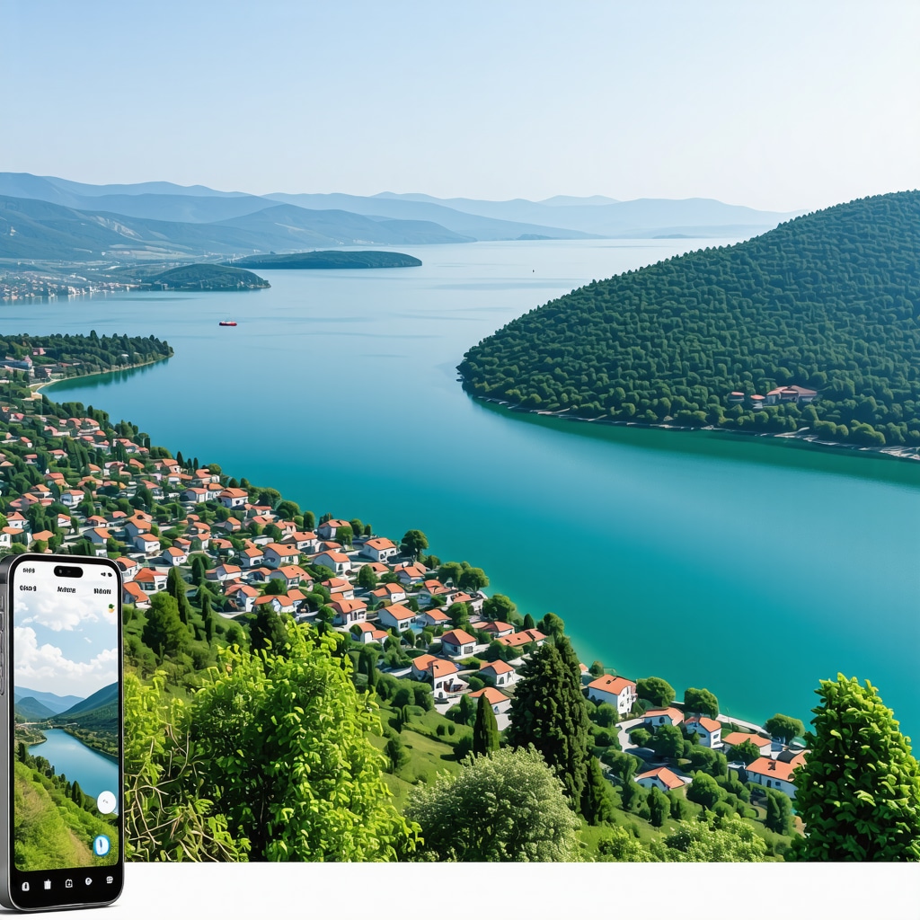 Aerial image of Struga with Lake Ohrid, highlighting natural beauty and eco-friendly tourism with digital overlays