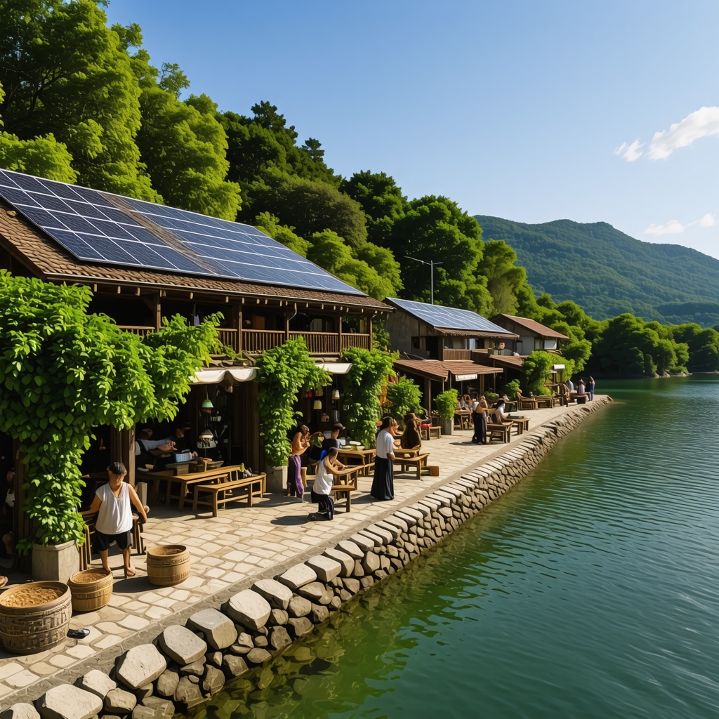 Lakeside village in Struga with solar panels and tourists participating in traditional crafts workshops