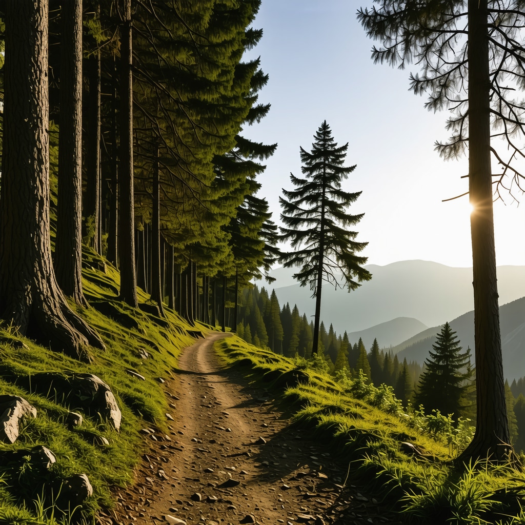 Mountain trail in Mavrovo National Park with sunrise light and pine trees