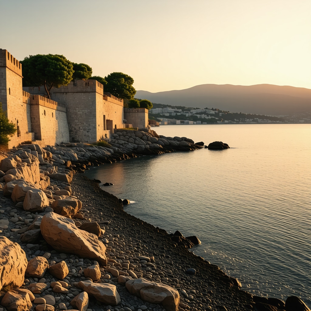 Dubrovnik Buza Beach with historic walls and calm sea at sunset