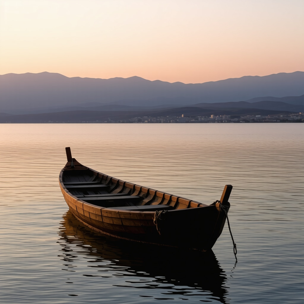 Sunset view of Lake Ohrid with boat and mountains in Pogradec