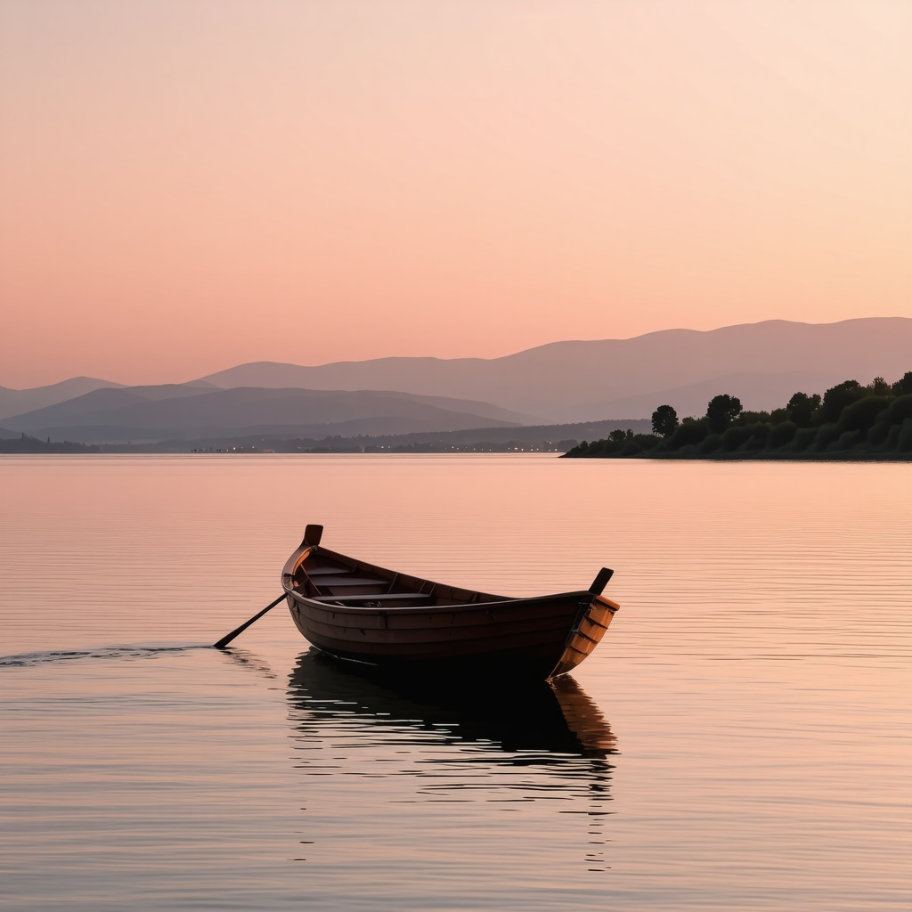 Panoramic view of Lake Ohrid at sunset with wooden boat and lush surroundings in Struga