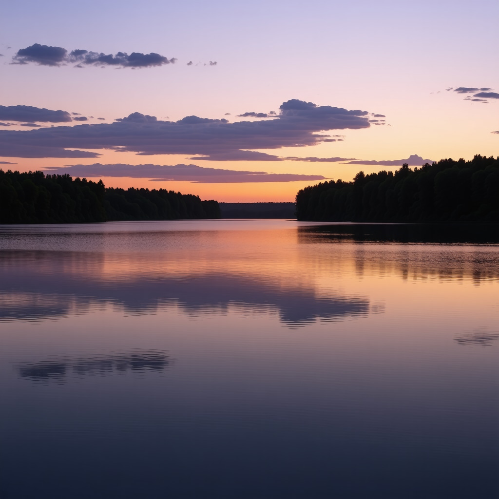 Sunset view of Lake Srebrno with birds flying and green forests