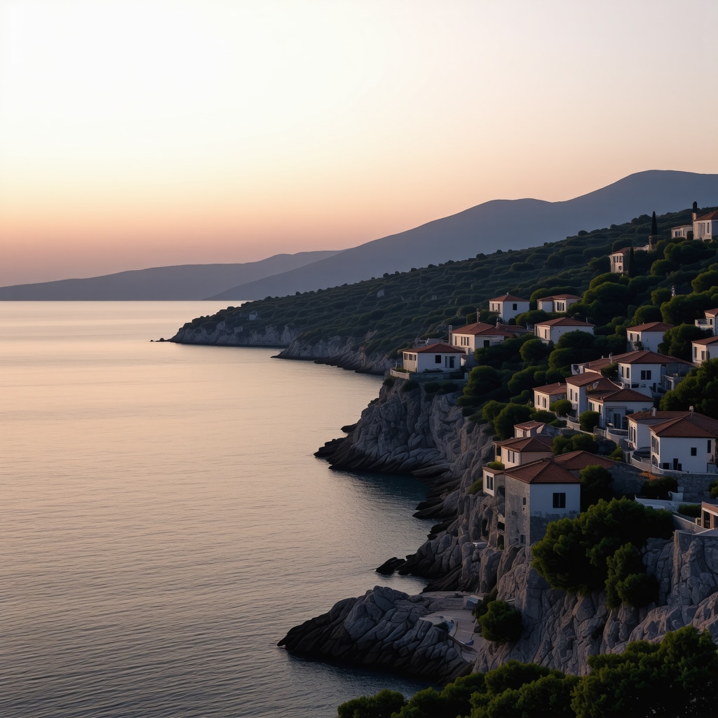 Sunset view of Lastovo Island coastline with Adriatic Sea and traditional village houses