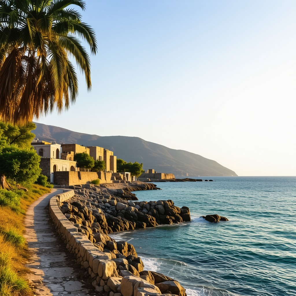 Coastline of Saranda at sunset with turquoise sea and ancient ruins