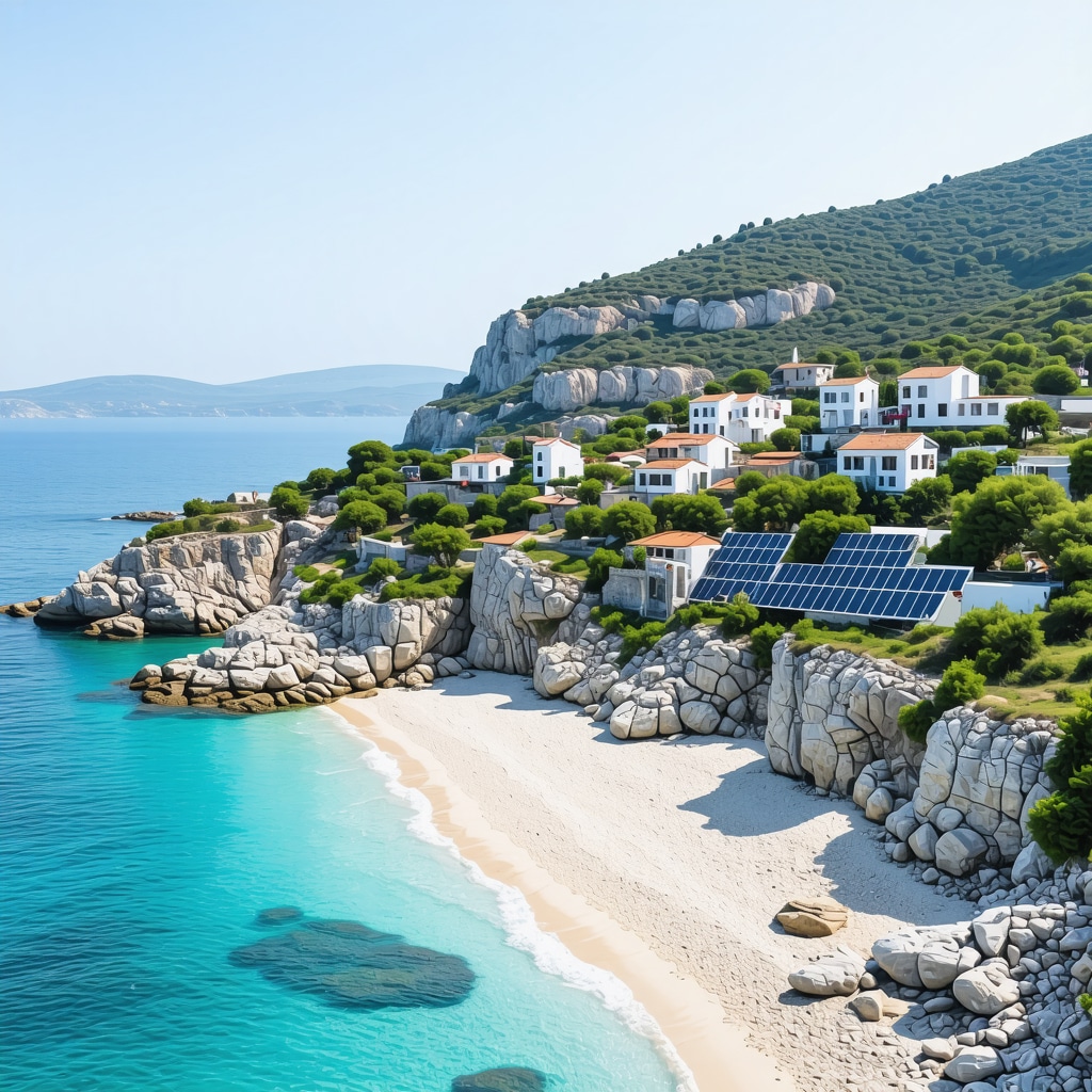 Aerial view of Saranda coastline featuring sustainable tourism infrastructure including IoT sensors and solar panels