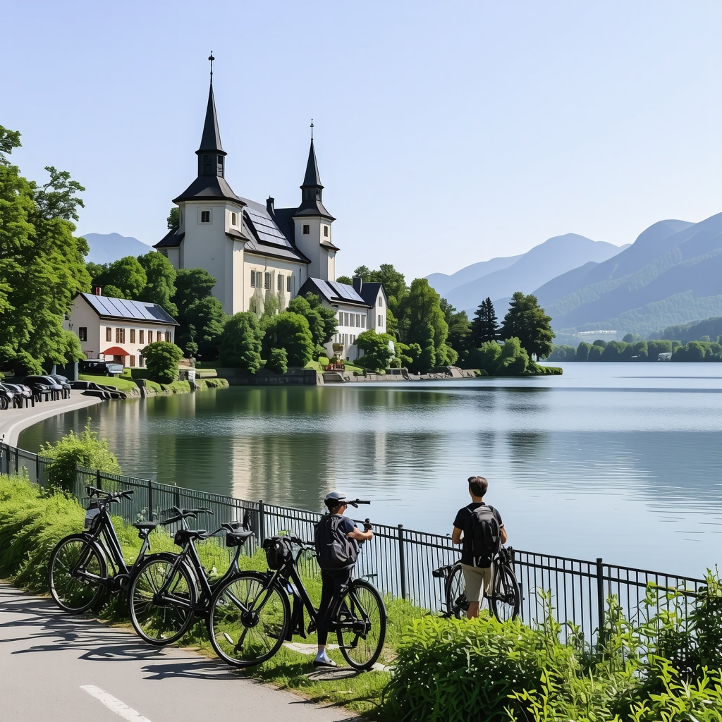 Lake Bled showcasing solar panel installations on hotel roofs, electric bicycles, and tourists walking on nature trails embracing sustainability