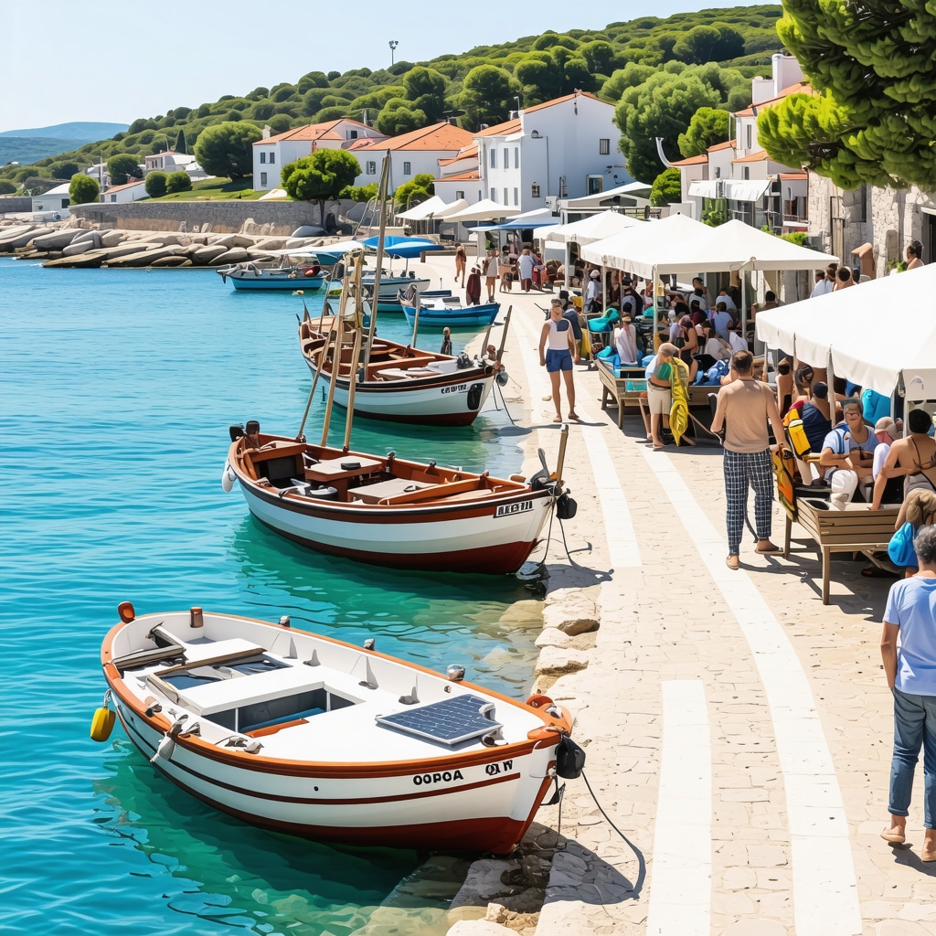 Coastal scene in Vodice with traditional boats, tourists, and eco-friendly technology along the shore