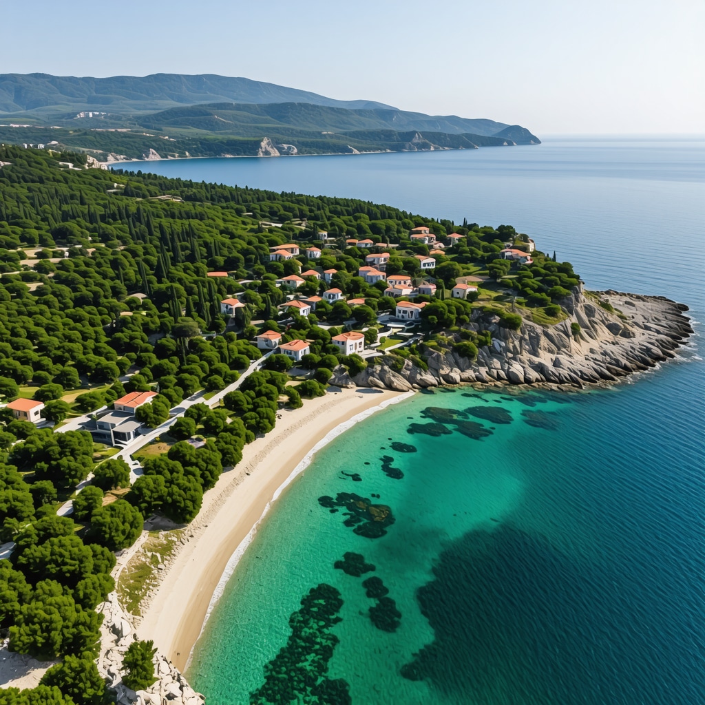 Aerial view of Ulcinj coast with beaches and olive groves demonstrating sustainable tourism