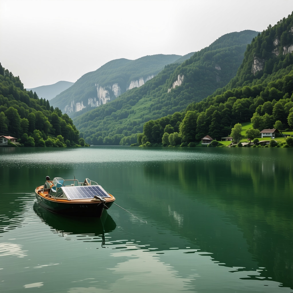 Lake Bohinj with green mountains, solar panels, and electric boats representing eco-friendly tourism