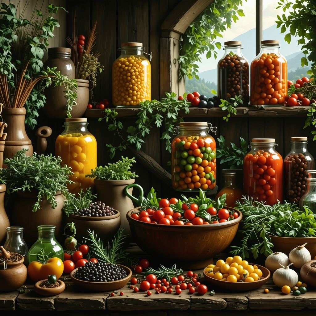 Traditional Croatian Brač island cuisine with fermenting jars and sustainable farming practices