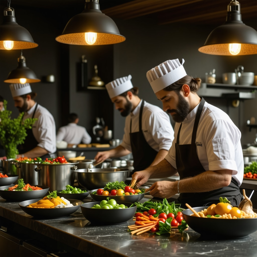 Chefs preparing traditional Romanian dishes using sustainable technologies and local ingredients