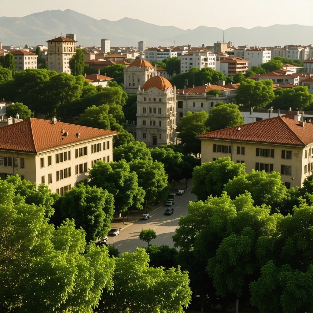 Tirana cityscape showcasing harmony between historic and modern sustainable architecture with green spaces