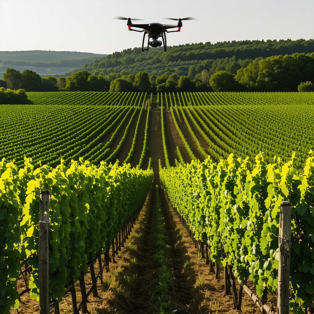 Drone and sensor technology monitoring grapevines in Tikveš vineyard with AI data analytics shown on screen