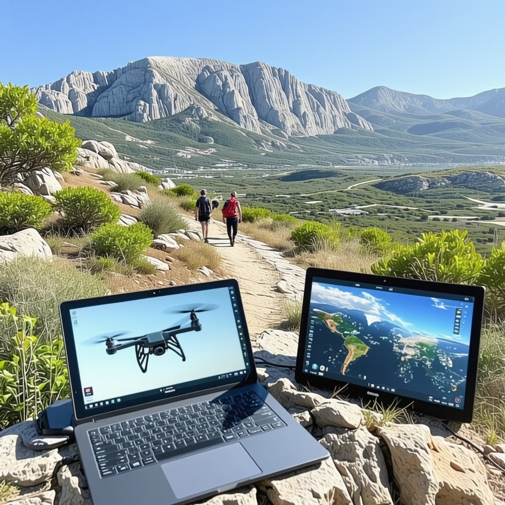 High-tech environmental monitoring setup with drones and AI screens on a Crete mountain trail
