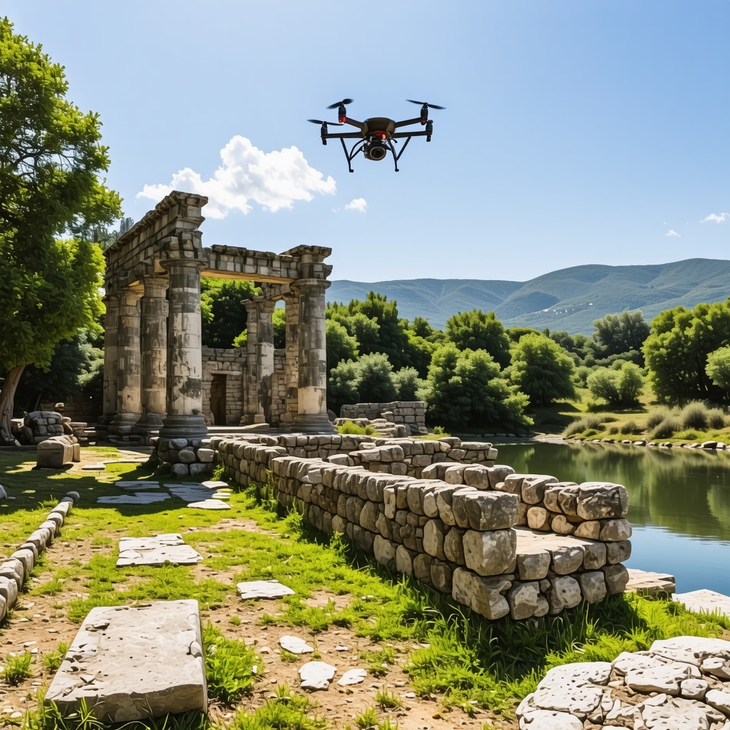 Drones and 3D scanning technology capturing detailed images of ancient ruins at Butrint surrounded by natural greenery and a lake