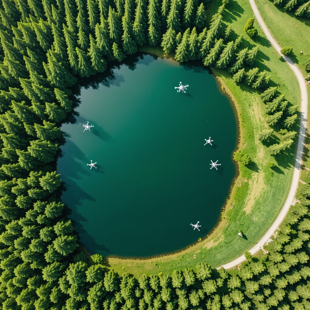 Vedere aeriană a Lacului Srebrno cu senzori IoT și drone pentru monitorizarea ecosistemului
