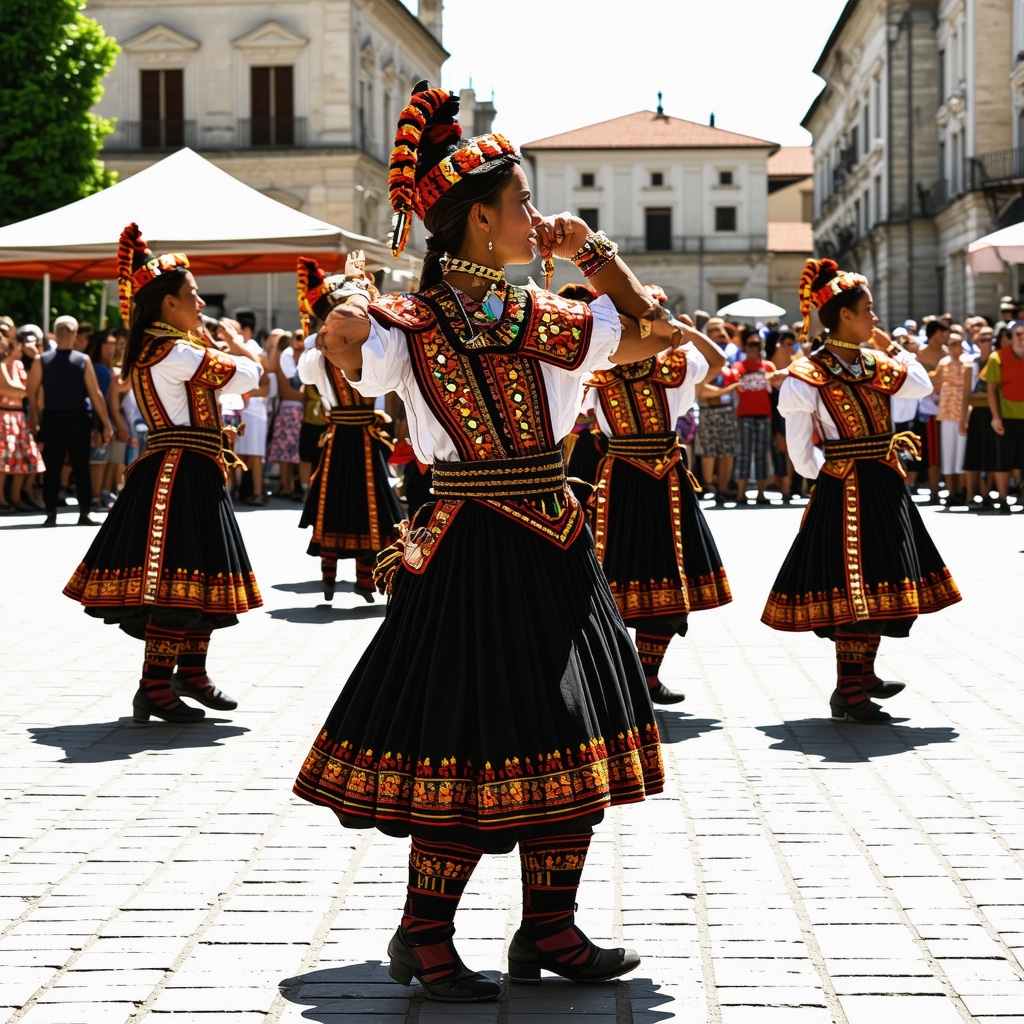 Traditional Macedonian dancers performing at Tetovo festival with augmented reality digital overlays visible on visitor devices