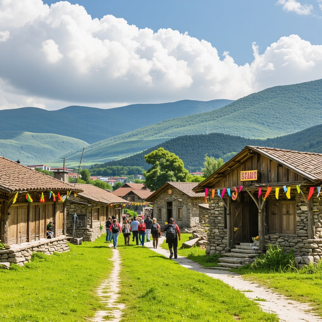 Mountainous scenery near Tetovo with traditional houses and festival decorations illustrating sustainable tourism