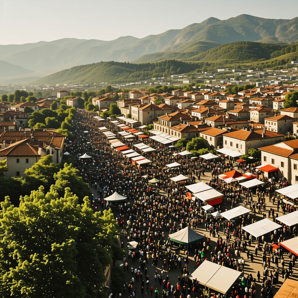 Tetovo cityscape with traditional buildings, Šar Mountains, solar panels and a vibrant cultural festival under sustainable solar lighting