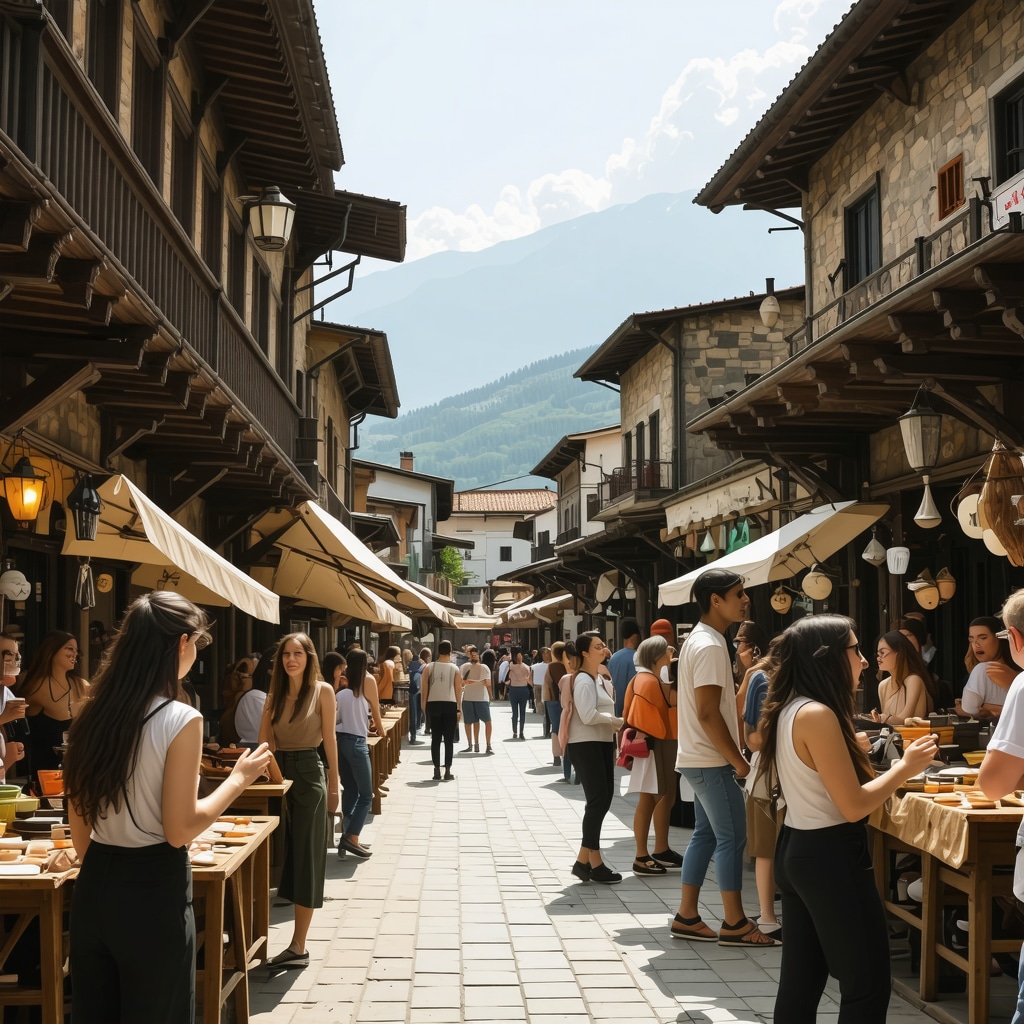 Street in Tetovo with traditional buildings, tourists using smartphones, local artisans, and Šar mountains visible