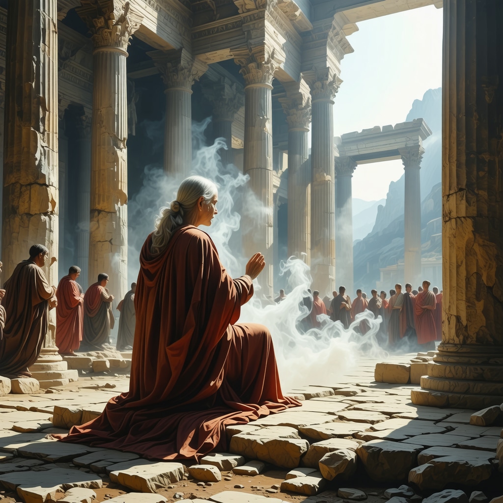 Pythia in trance at the Oracle of Delphi with vapors rising inside the temple