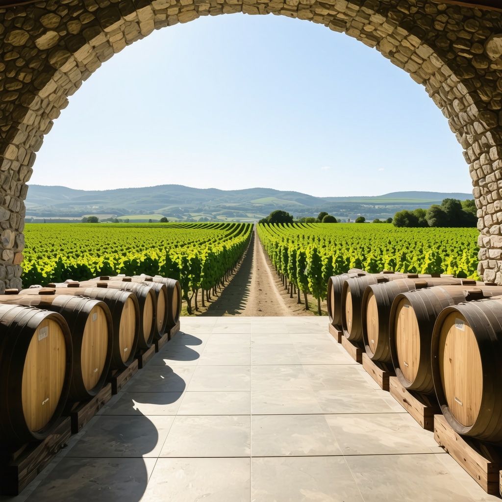 Panoramic view of Tikveș vineyards showing modern sensors and traditional barrels in a rustic winery