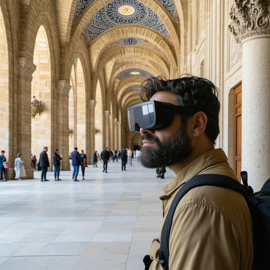 Tourist using augmented reality glasses to view Selimiye Mosque architectural details in Edirne