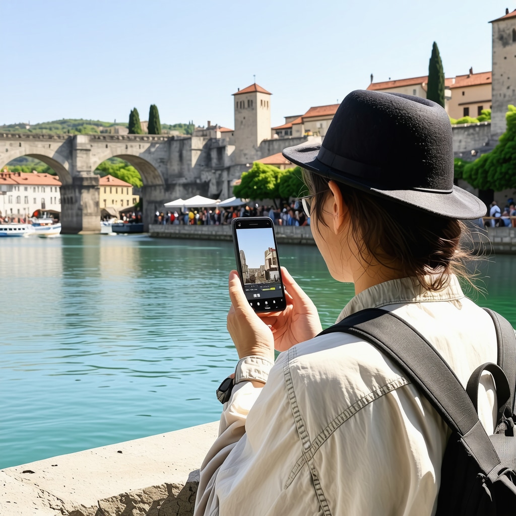 Tourist using AR app near Mostar's Stari Most bridge during cultural festival