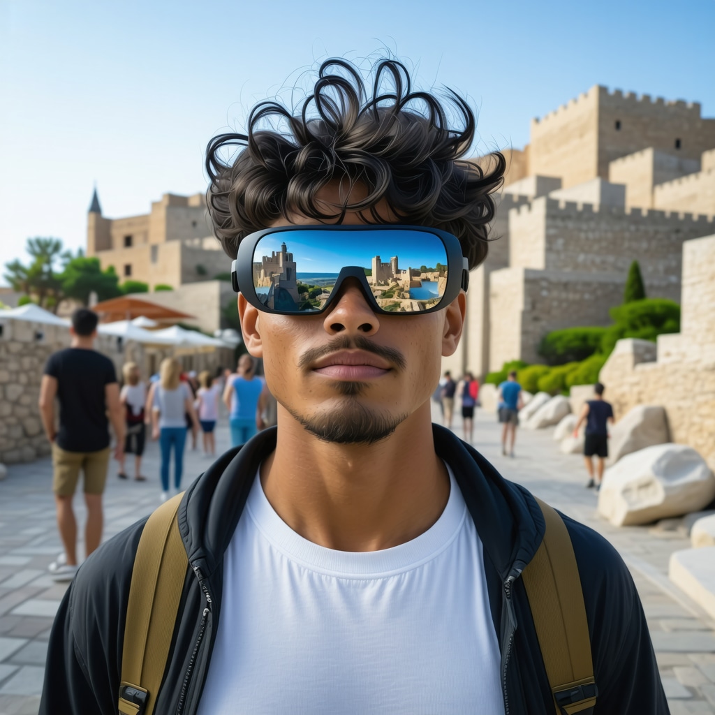Tourist wearing AR glasses exploring medieval city of Rodos with digital information overlays
