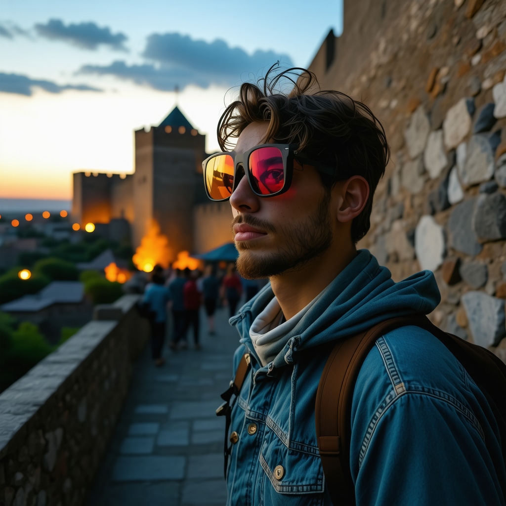 Tourist with augmented reality glasses exploring the medieval fortress of Smederevo with digital overlays