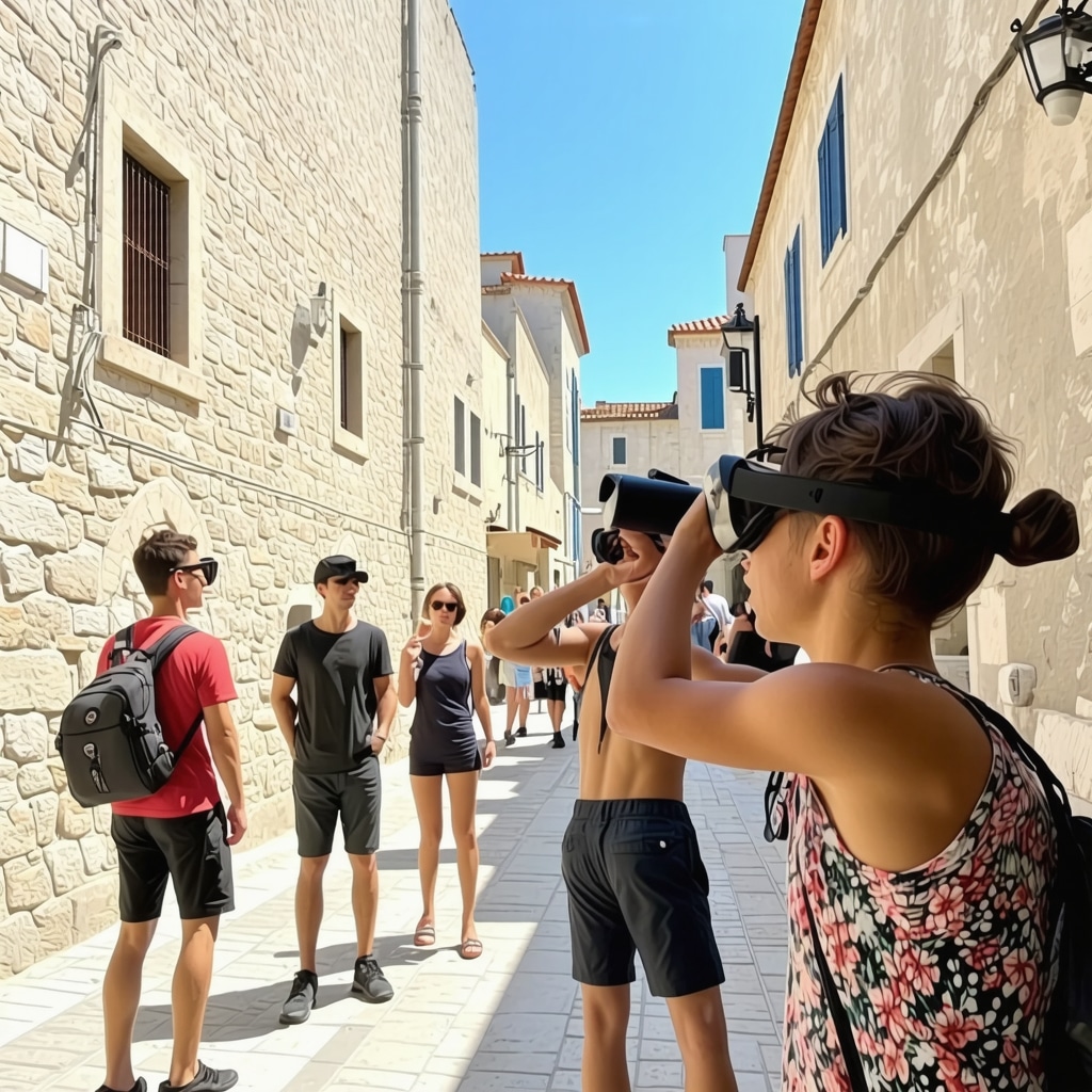 Tourists with AR glasses exploring medieval Venetian walls and streets in Trogir, Croatia
