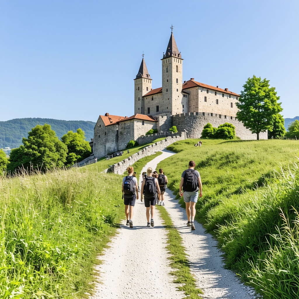 Hikers on a sustainable mountain trail in Kranj with a historic castle visible in the background