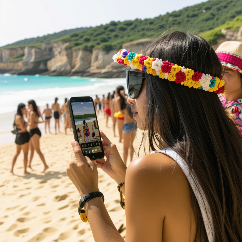 Tourists at Golden Sands beach engaging with augmented reality on smartphones amid cultural festival backdrop
