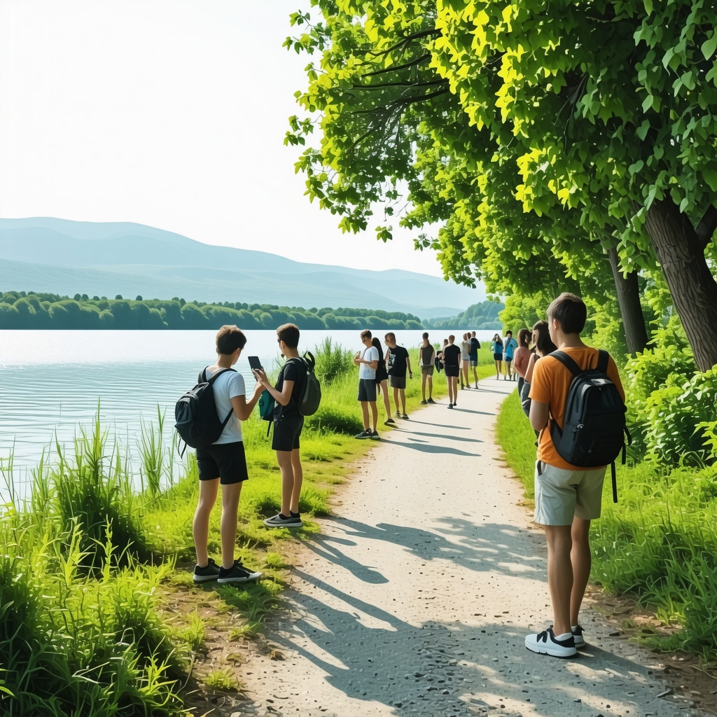 Tourists on a lakeside trail in Struga using mobile AR applications surrounded by nature