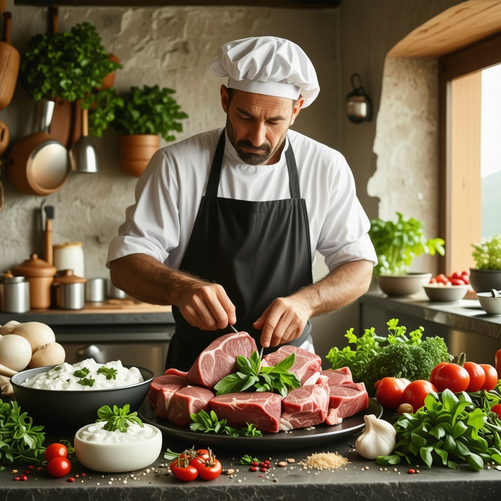Chef preparing tavë kosi with lamb and yogurt in Albanian kitchen