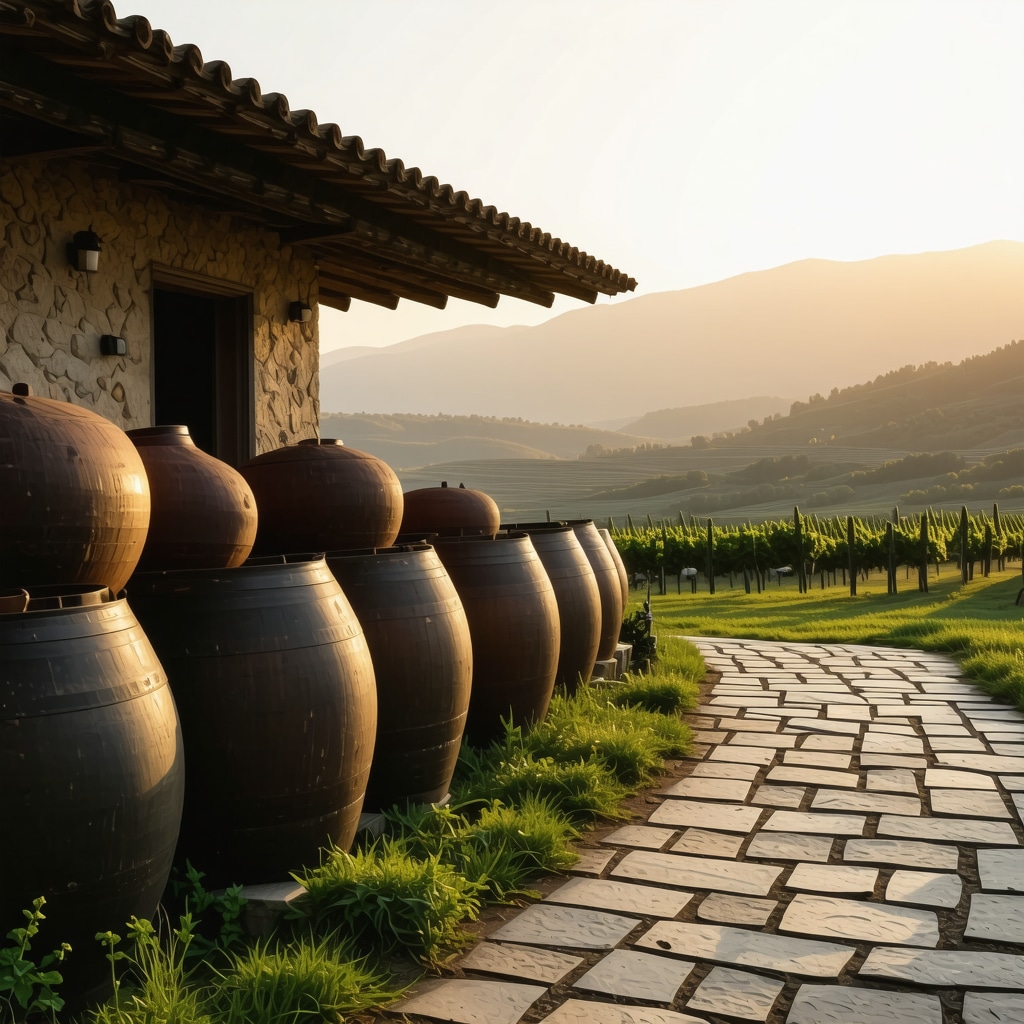 Rustic vineyard with traditional clay vessels and sunset in Berat region, Albania