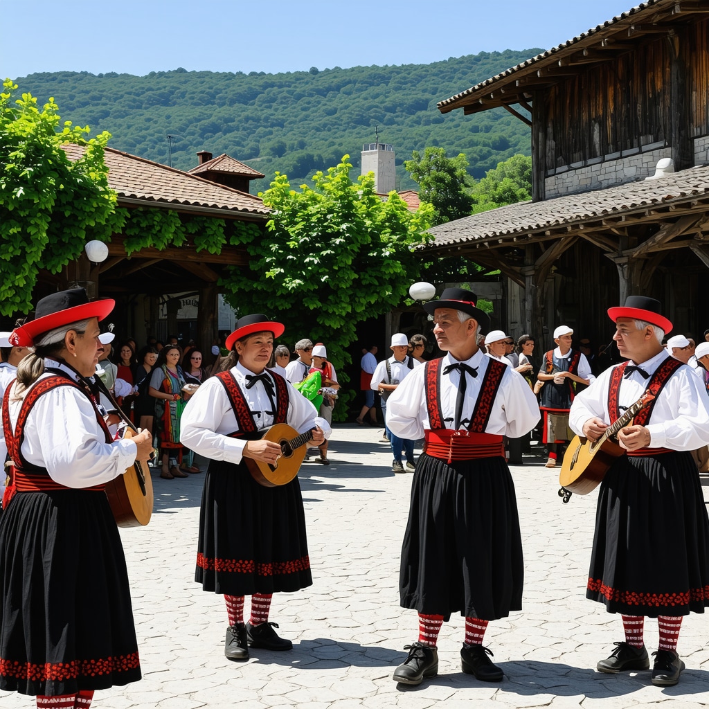 Balkan village festival with traditional costumes and music