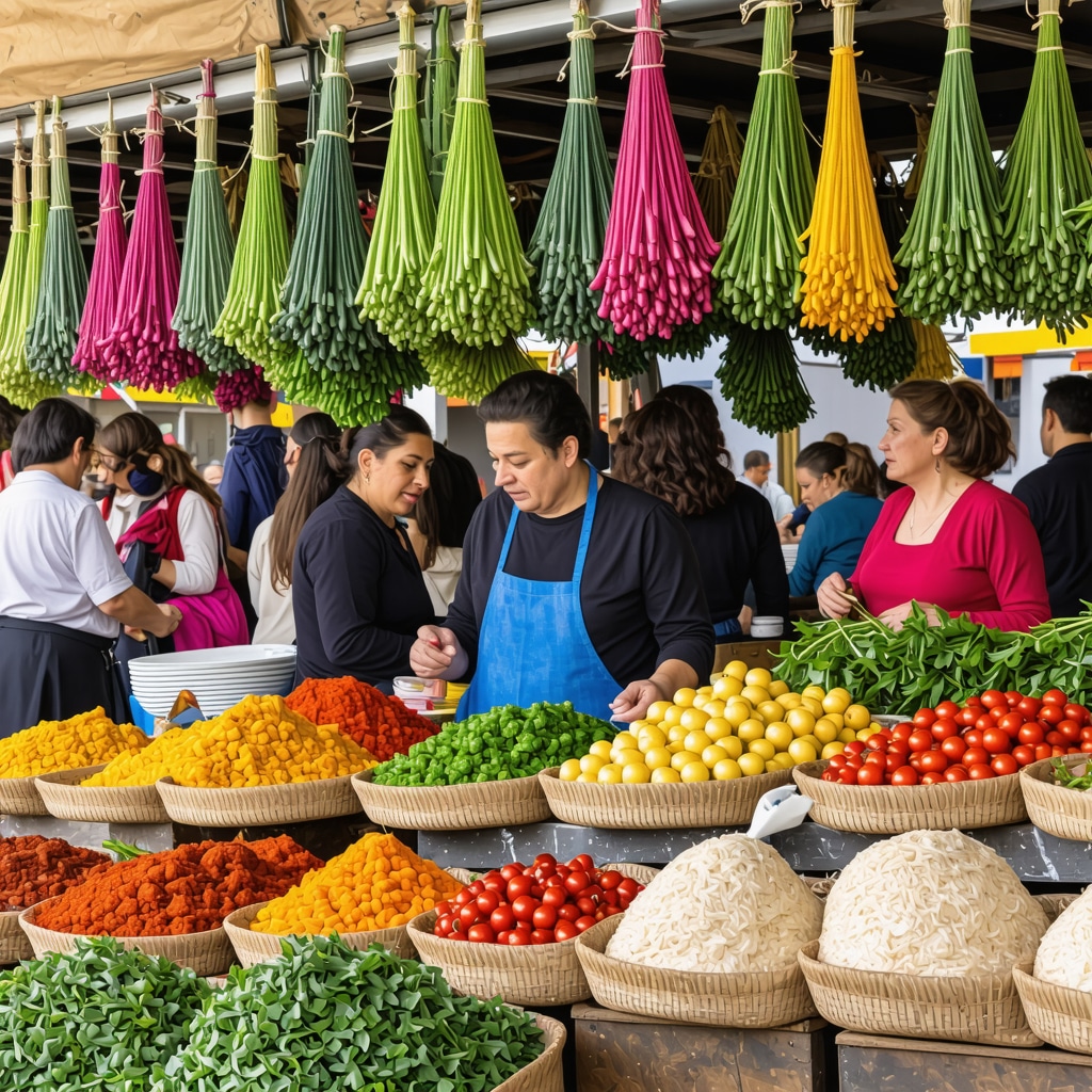 Colorful and vibrant traditional food market scene in Gostivar with spices, breads, and local dishes