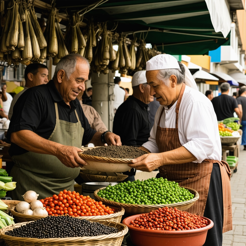 Colorful market stalls with spices, fresh produce, and chefs preparing traditional Macedonian dishes in a lively multicultural setting