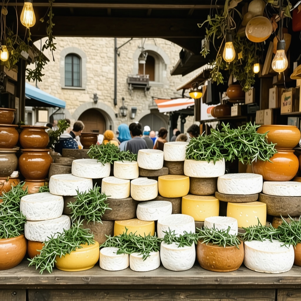 Fresh cheeses, herbs, and pottery displayed at a Brașov market stall with medieval street background