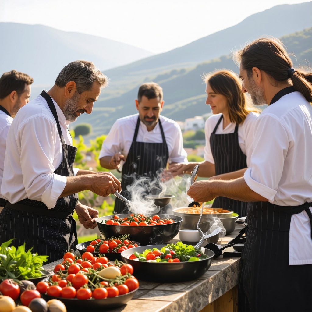 Outdoor Cretan culinary workshop with chefs, tourists, local ingredients, and mountain backdrop