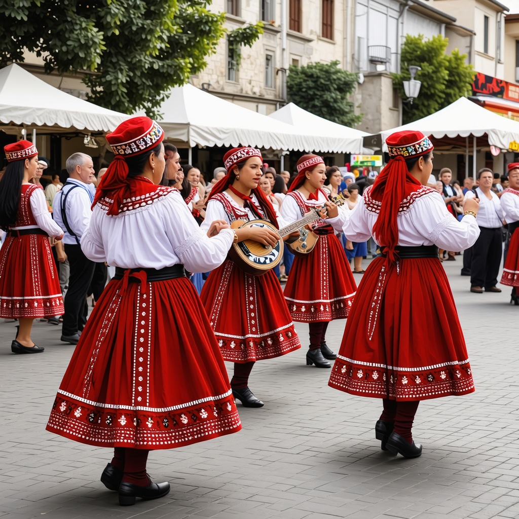 Locals in traditional Albanian costumes performing dances and music during a festival in Korçë