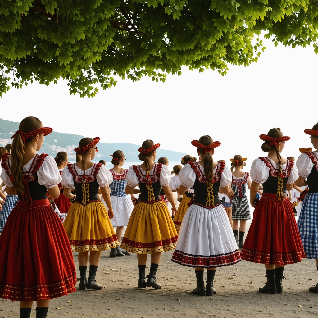 Dalmatian dancers performing at a cultural festival with Mediterranean landscape and Adriatic sea