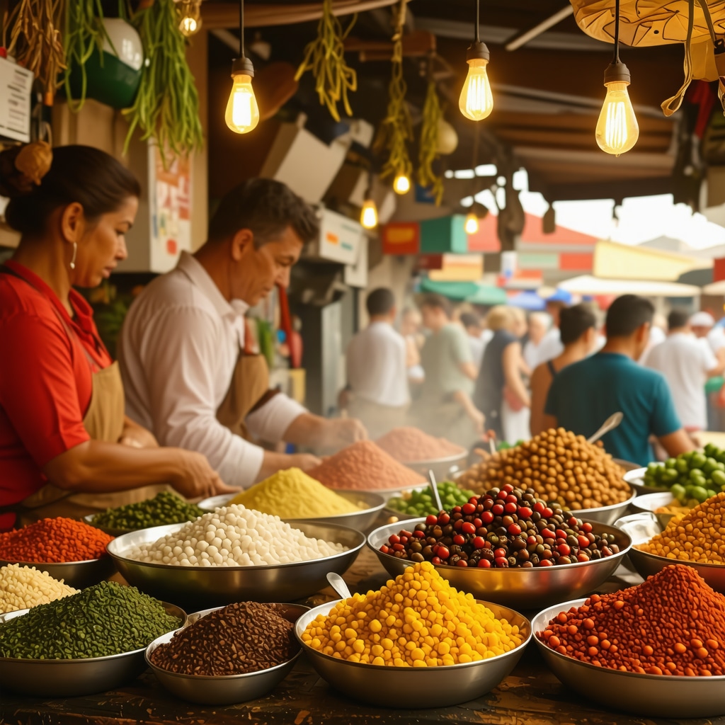 Colorful street food market in Edirne with locals and tourists enjoying traditional Turkish cuisine