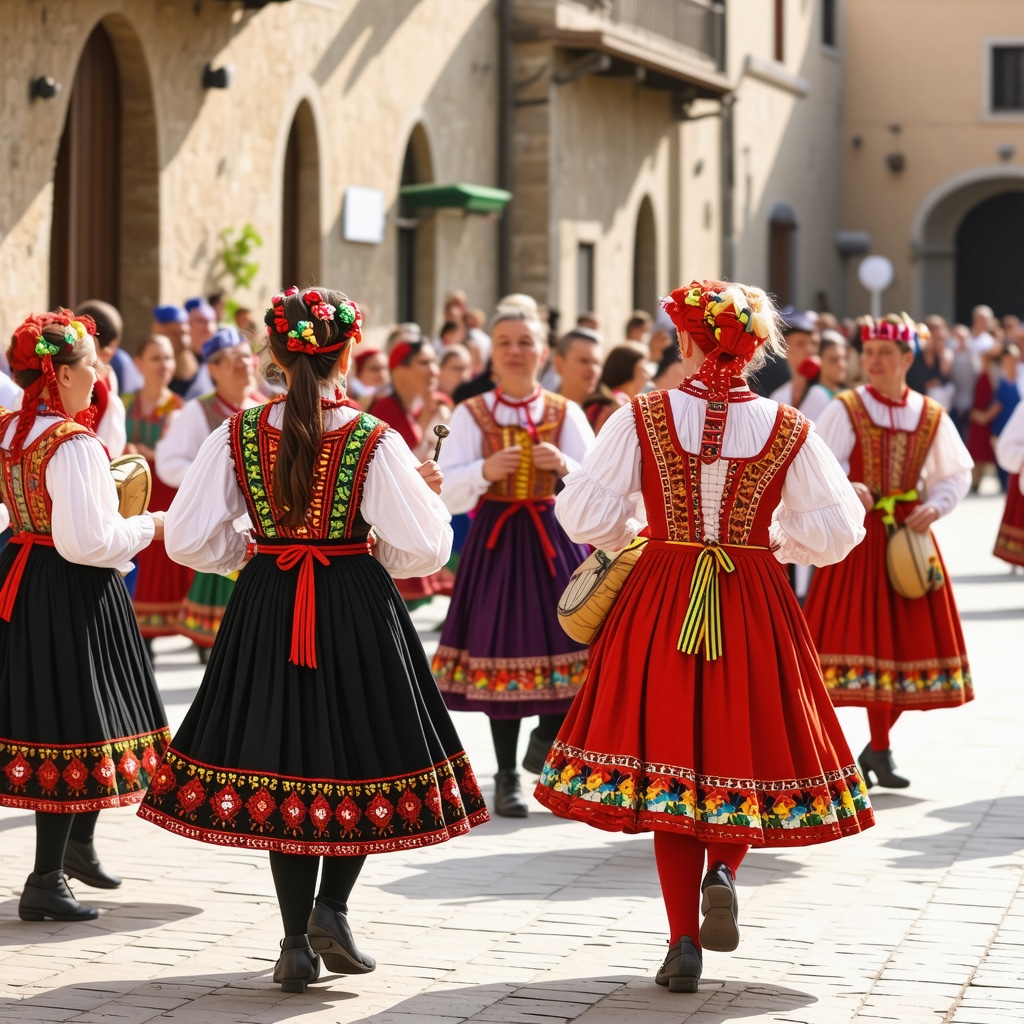 Locals in colorful traditional Albanian costumes dancing and playing instruments at a festival in Korçë town square