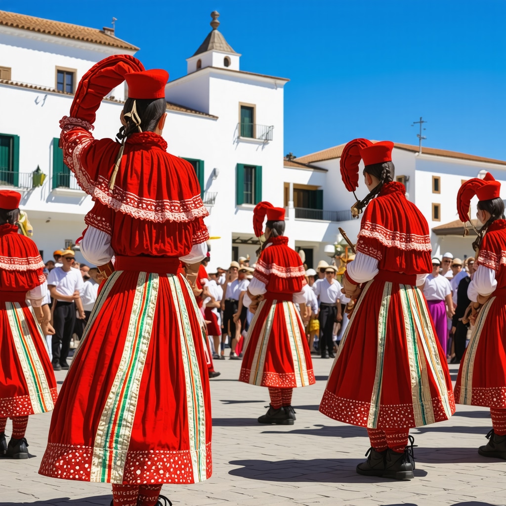 Traditional Albanian dancers performing during a festival in Korçë with white French-style buildings in the background