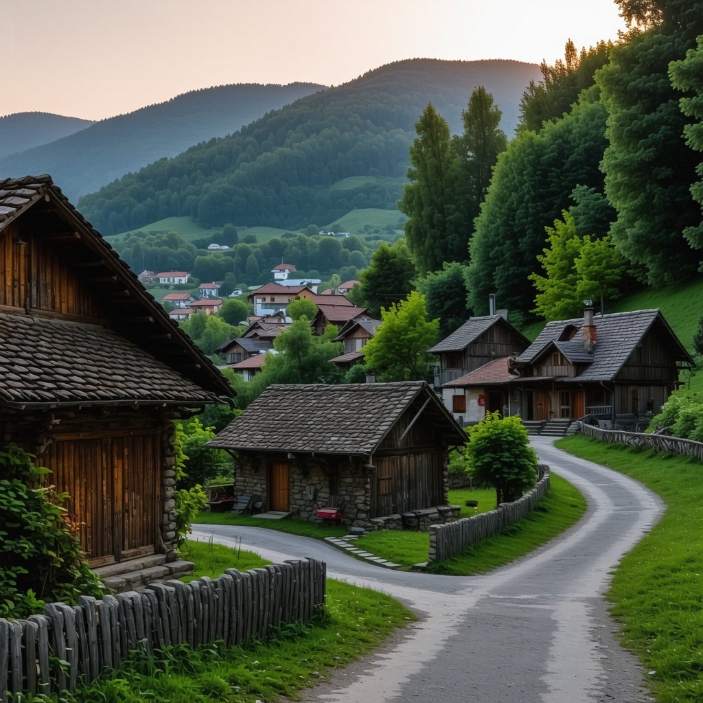 View of Krushevo mountain village with traditional houses and festive atmosphere at sunrise