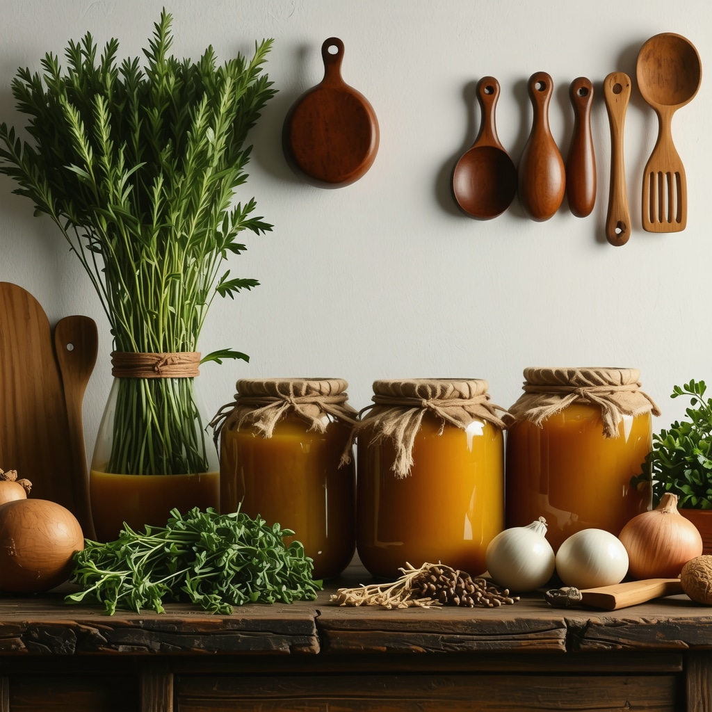 Rustic Romanian kitchen featuring jars of fermenting borș, herbs, and fresh local produce symbolizing traditional fermentation and sustainable gastronomy